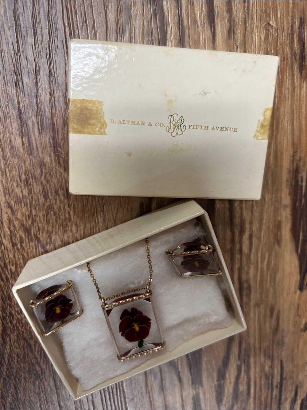Vintage B. Altman & Co. of Fifth Ave Pansy Glass Pendant Necklace Earring Set